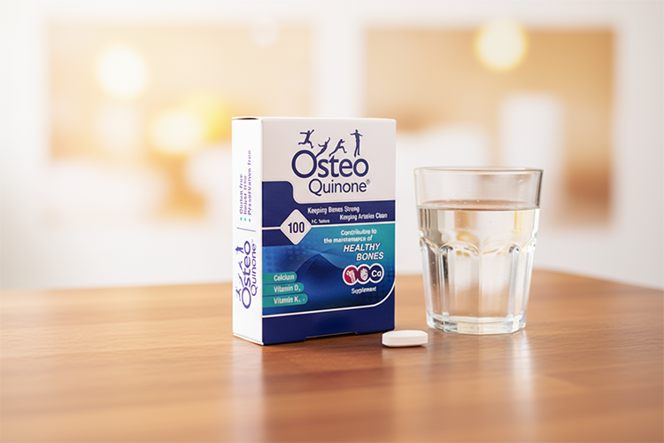 قرص استئوکینون کنار لیوان آب روی میز چوبی برای نمایش نحوه مصرف